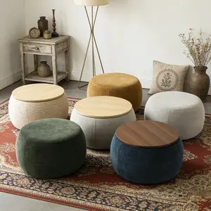 Round Storage Ottoman with Small Seat | 2-in-1 End Table & Ottoman Set  | Fabric & Rattan Upholstered Storage Ottoman for Living Room, Bedroom & Apartment | Hidden Storage Compartment | No Assembly Required | Space-Saving Furniture & Home Essentials