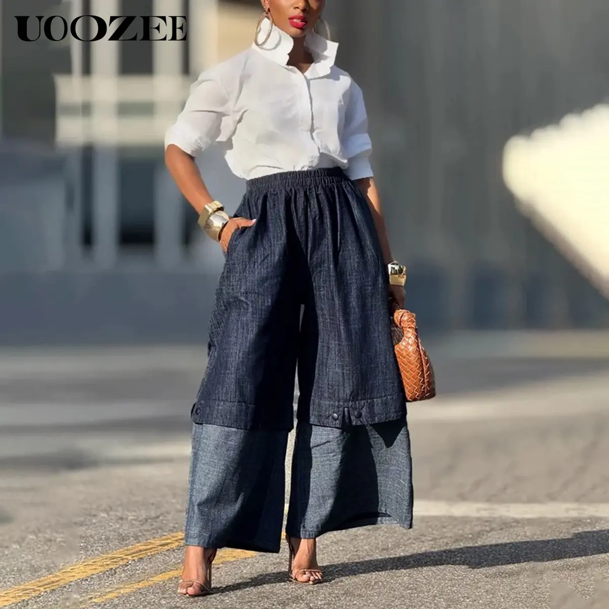UOOZEE Women's Viscose-Cotton Mid Waist Denim Mom Jeans - Baggy Oversize Trousers with Wide-Leg Elastic Bottoms, Straight Leg, Breathable Lightweight Fabric, Pockets, True to Size, Denim Blue, Minimalist Casual Streetwear, Beads, Pants for Women, Women's