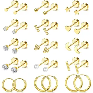 LOLIAS 15Pairs Hypoallergenic Surgical Steel Earrings for Sensitive Ears -14K Gold Plated Flat Back Earrings for Men- Small Stainless Steel Thick Stud Hoop Earring Set-Gold Flatback Cartilage Earring 20G