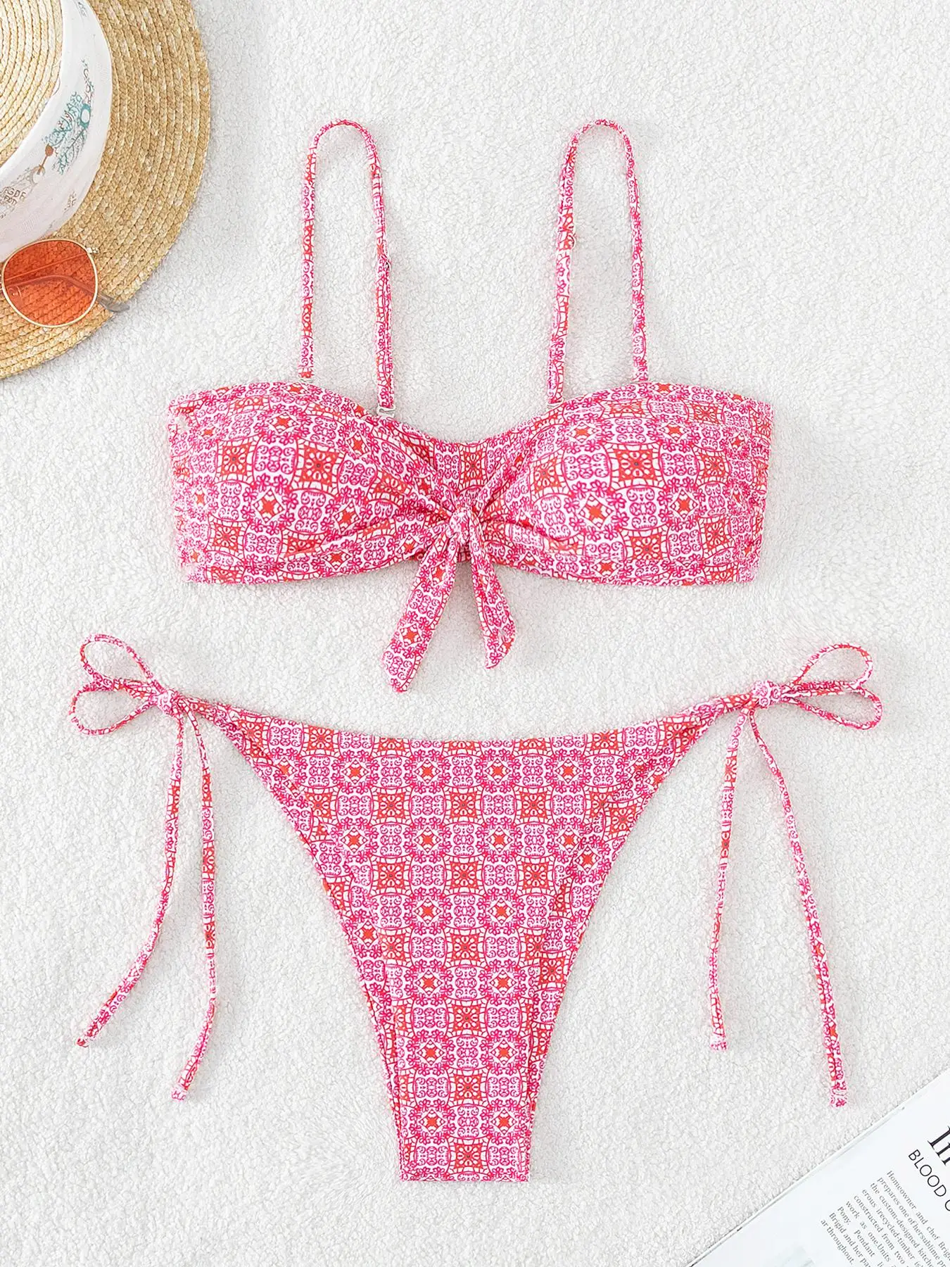 Two-Piece Set Women's Ethnic Pattern Bikini Swimsuit Bikinis for Summer 2024, Summer Outfits, Sexy Spaghetti Strap Tie Front Swim Top & Tie Side Swim