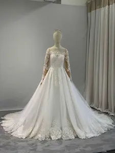 Women's Long Sleeve Illusion Scoop Neckline Lace & Tulle Over Satin Full A-Line Wedding Dress | Andrea