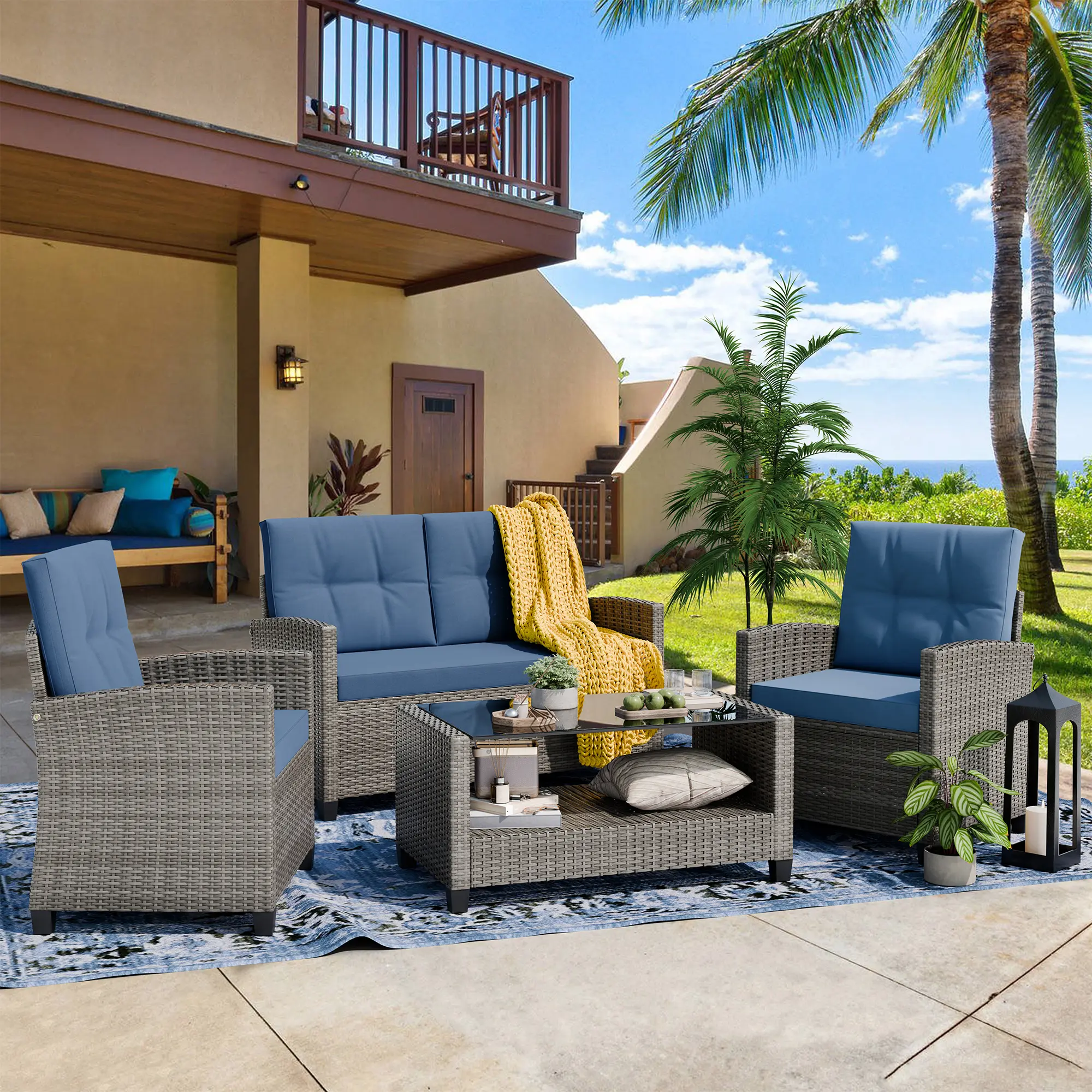 Walsunny 4-Piece Patio Storage Coffee Table Set, All-Weather Wicker Rattan Sectional Sofa with Cushions & Large Glass Top Coffee Table with Hidden Storage, Ideal for Garden Backyard Porch, Blue