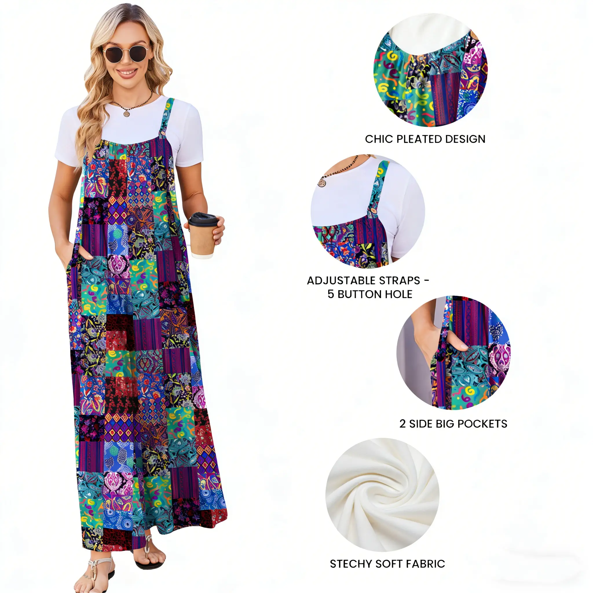 Ekouaer Women's Bohemian Sleeveless Polyester Loose Wide-Leg Pleated Summer Overalls with Pockets, Boho Clothes for Women