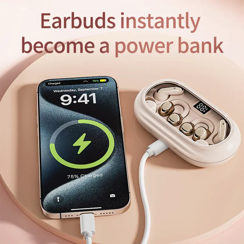 3-in-1 Wireless Bluetooth Headphones - Power Bank, Ear Clip Sleeping Design, Reverse Phone Charging, 3 Pairs Included, Waterproof Sweatproof, High-Quality Sound Transmission for Couples, Sports
