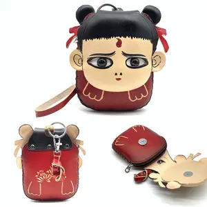 Handmade Vintage Genuine Leather 3D Cotton Nezha Coin Purse with Removable wrist strap