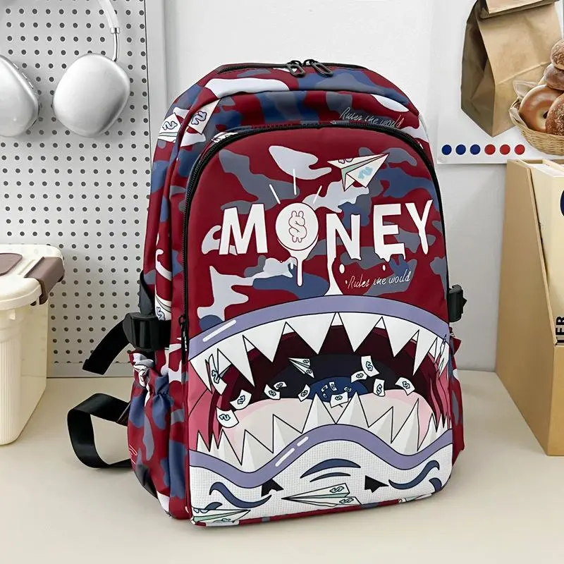 Camouflage Shark Mouth Graffiti Backpack Printing Logo Backpack Student Trend School Bag Men
