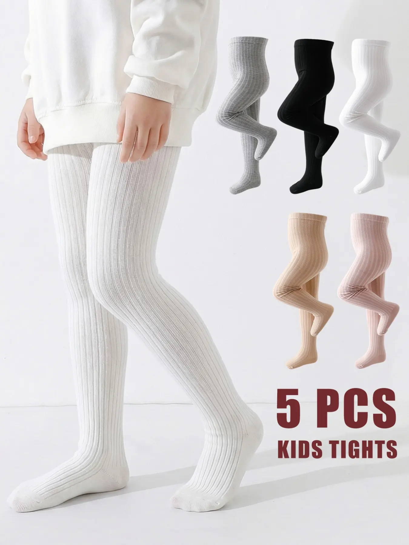 Girls' Jumpsuits Set of 5, Simple Solid Color Design, Casual Versatile Fit for Spring & Fall Seasons, Comfortable Daily Wear, School Tights, Stretchy Tights