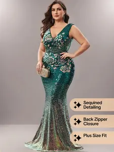Plus Size Slim-Fit Dress with Contrast Color Sequins, Elegant Round Neck Sleeveless Formal Evening Gown, Zipper Back Design, All Seasons Women's Fashion Formal Wear
