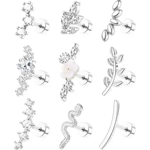 ZELORES Female 9Pcs 16G Stainless Steel Flat Back Stud Earrings - Snake, Star, CZ Designs for Tragus, Conch, Helix Piercings, Casual Daily Wear Body Piercing Jewelry Set