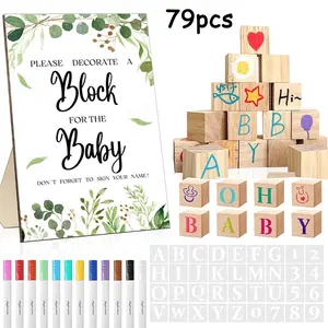 79pcs Party Favors Blocks Games Sets with Decorate a Block Game Sign 30 DIY Blank Wooden Block 36 Stencils 12 Marker for BabyShower First Birthday Party Supplies Gender Reveal Customizable Gift Personalized Gifts