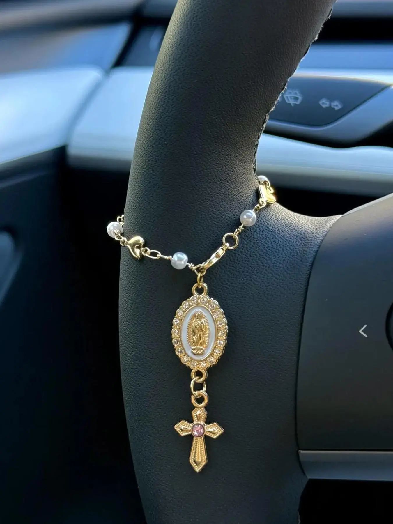 1 Pc Heart & Faux Pearl Steering Wheel Rosary Charm, Car Hanging Decoration, Interior Ornament, Car Decor Gift, Car Ornaments