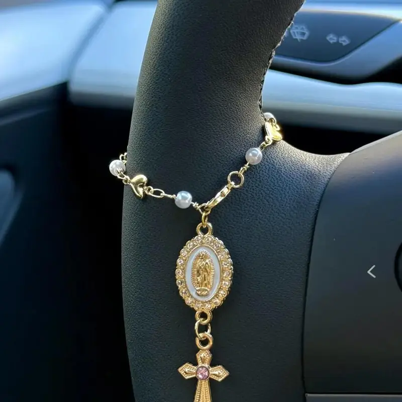 1 Pc Heart & Faux Pearl Steering Wheel Rosary Charm, Car Hanging Decoration, Interior Ornament, Car Decor Gift, Car Ornaments