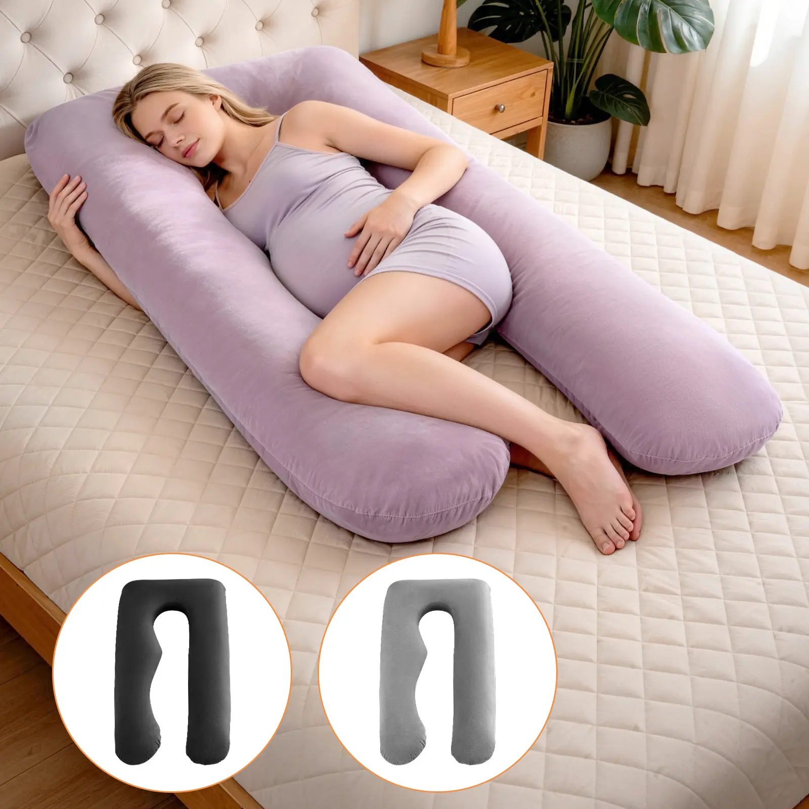 Full Body U-Shape Pregnancy Body Pillow, Hypoallergenic Rebound Hollow Fiber Support Pillow with Detachable Washable Velvet Cover, All-Round Belly Waist Leg Support, Ideal for Pregnant Side Sleepers & Post Surgery Aid