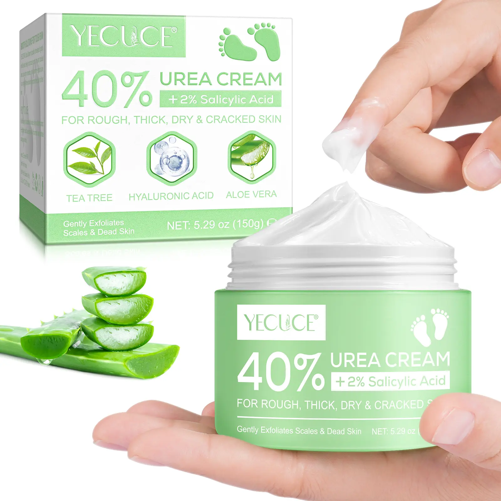 Yecuce Urea Cream 150g, Gentle Exfoliating Moisturizer, Deep Nourishment for Rough Skin, Rich in Tea Tree Hyaluron & Aloe Vera, Unisex Use, Moisturizing