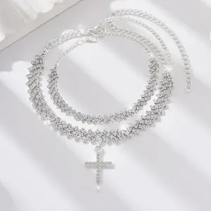 2PCS Layered Cross Anklet for Women Teen Girls - Silver Golden Tone Dainty Cubic Zirconia Ankle Bracelet with Paved Cross Charm - Hypoallergenic Nickel Free Waterproof - Anklet for Summer Vacation Wedding Bridesmaid Birthday Anniversary Gift