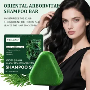 Usman Platycladus Leaf Shampoo Bar contains Usman herb, platycladus leaf, ginger, and mint. It helps reduce dryness and breakage, balance scalp oil, relieve greasiness, and improve hair condition for healthier-looking hair.
