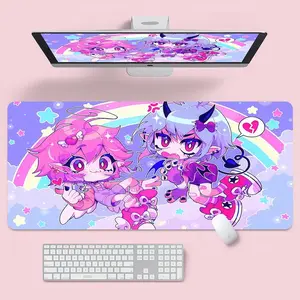 Kawaii Anime Girl Desk Mat, Pastel Gaming Mousepad, Aesthetic Cartoon Desk Decor, Purple Desk Mat, Gift for Otaku