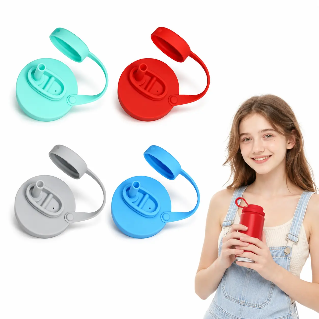 4-Pack BPA-Free Reusable Silicone Soda Can Lids with Chug Lid Straw & Handle, Leakproof Airtight Kitchen Covers Includes Lids for Soda, Outdoor Gadgets, Leakproof Reusable Food Storage