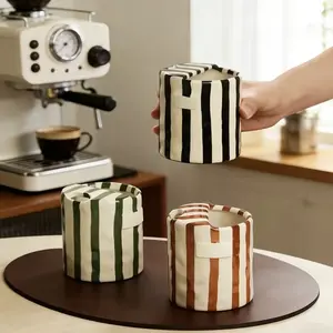 European Vintage Striped Hand-Painted Glazed Ceramic Coffee Cup, Food-Grade Lead-Free Heat-Resistant Reusable Washable Beverage Mug with Non-Slip Base, Dishwasher & Microwave Safe, Ideal Holiday Housewarming Gift for Friends Home Office Use