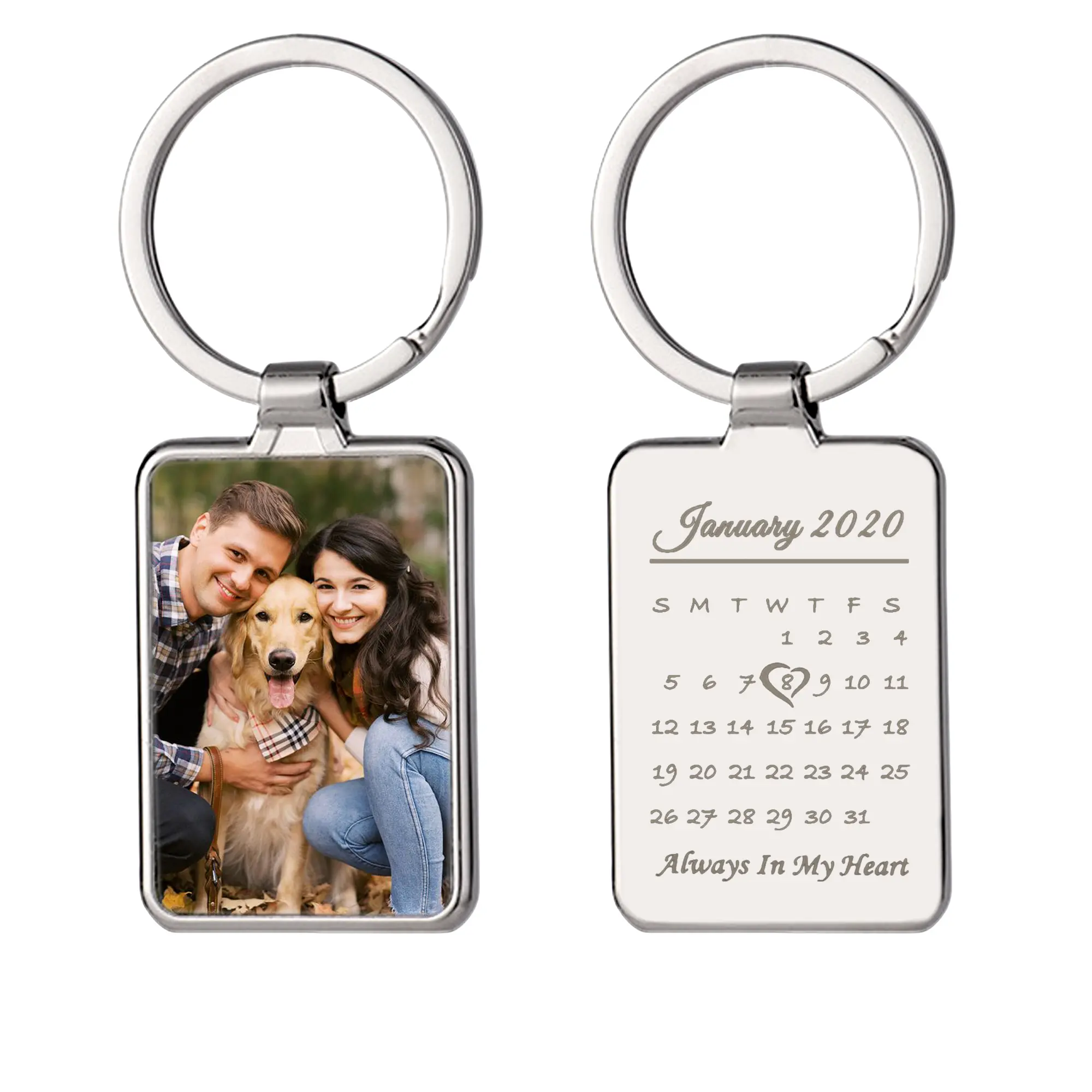 Custom Date Personalized Photo Picture Fashion Jewelry Calendar Keychain with UV Color Print Picture and Laser Engraving Text