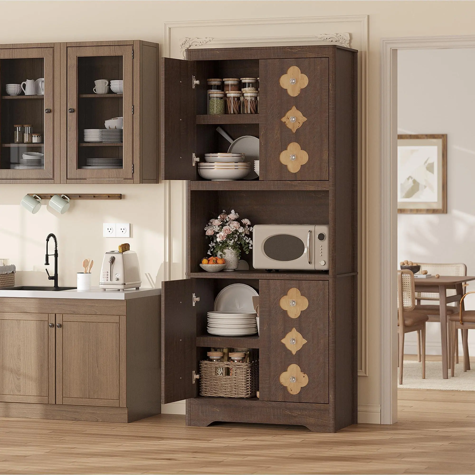 Reddish Brown Mid Century Modern Kitchen Pantry Cabinet, 72" Tall Storage Cabinet with Microwave Shelf, Wooden Freestand Cupboard with Carved Flower Door & Crystal Handle, for Dining Room