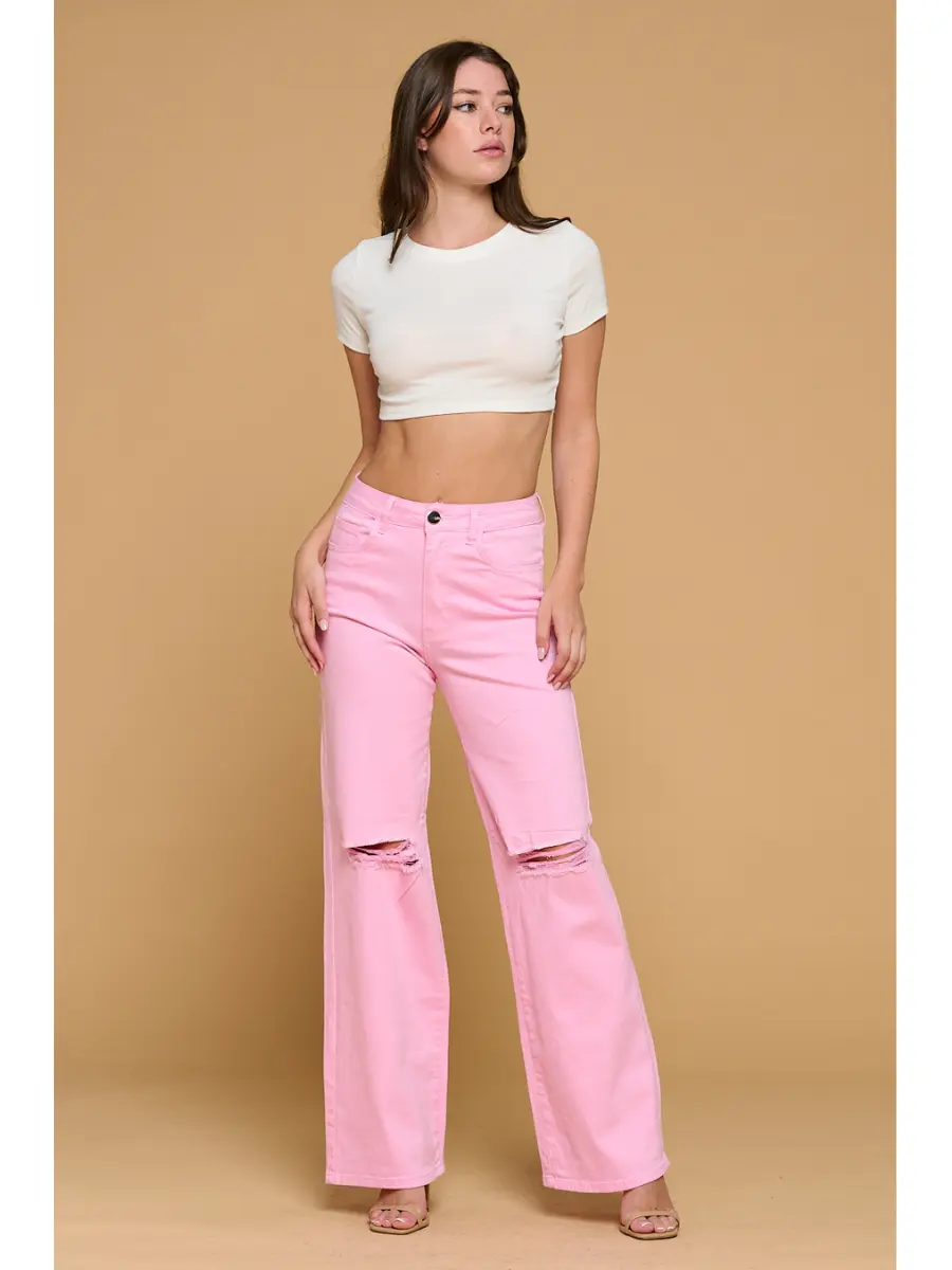 Lover Brand Women's High-Waist Essential Basic Fitted Colored Wide-Leg Jeans - Super Stretchy Spandex-Cotton Denim, Button-Zip Closure, Casual Elegant Day Wear, Crop Top Pairing Option (LVB-230)