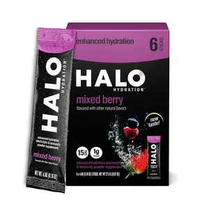 HALO Hydration - Electrolyte Drink Mix | Hydration Powder Packets | Berry Flavor – Beverage for Sports and Cycling | Easy Open Single Serving Stick | 6 Sticks Beverage