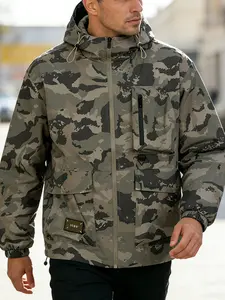 Men's Camouflage Waterproof Windproof Drawstring Hooded Jacket, Casual Long Sleeve Outdoor Coat with Zipper Pockets, All-Season Wear Menswear