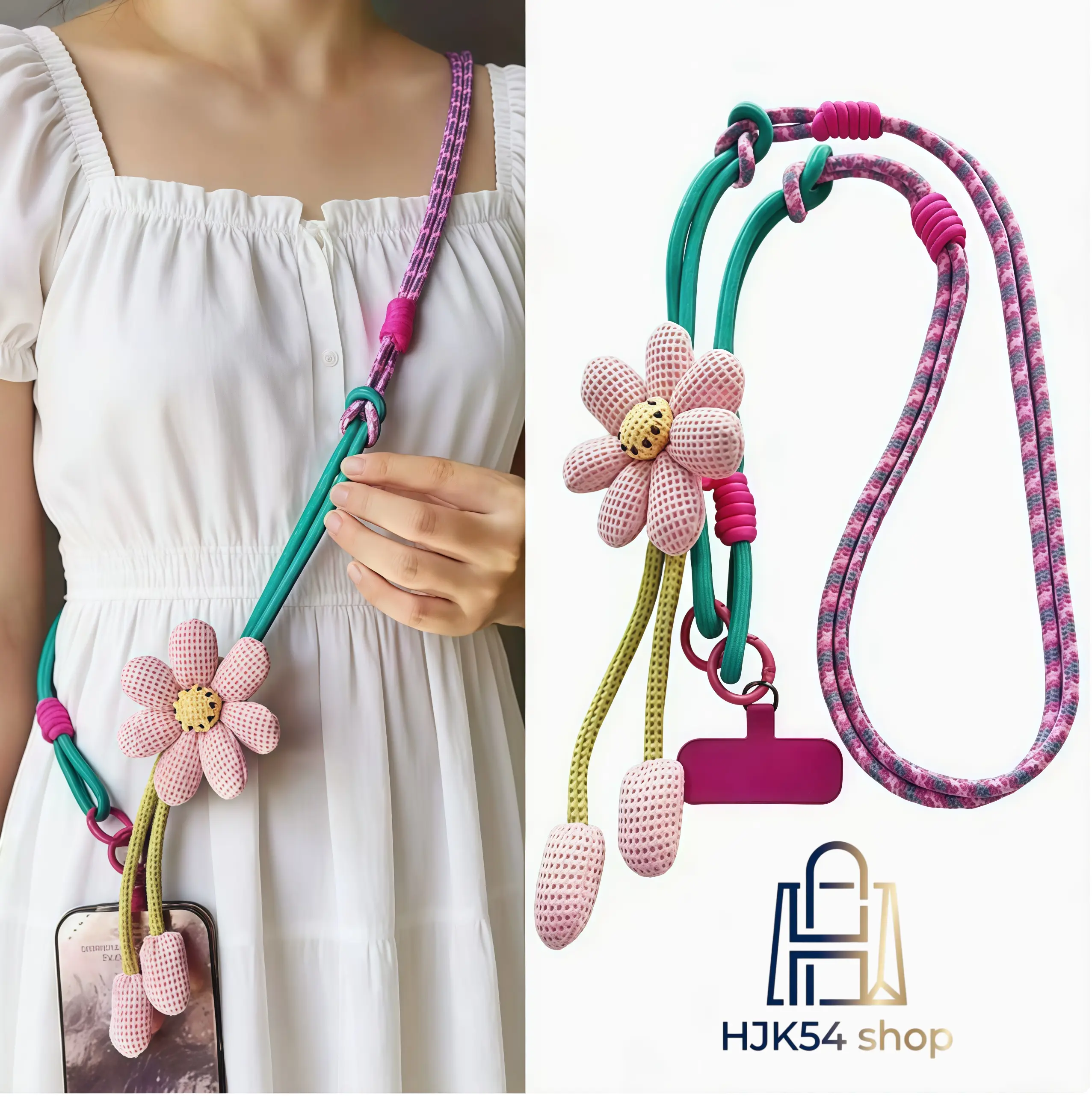 Crochet Flower Crossbody Phone Lanyard, Adjustable Woven Neck Strap with Patch, Anti-Lost Phone Chain for iPhone, Cute Handmade Floral Phone Strap for Outdoor & Travel