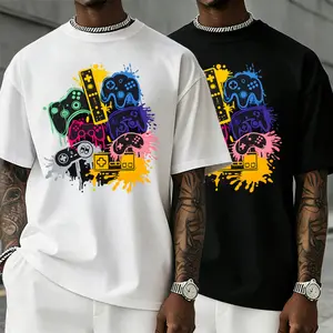 Men’s retro game controller graphic with neon graffiti spray paint, 100% relaxed fit pure cotton T-shirt, TikTok 2025 trend, ’90s nostalgia street style, urban street-style loose casual tee, a must-have under $10., Fashion, Vintage
