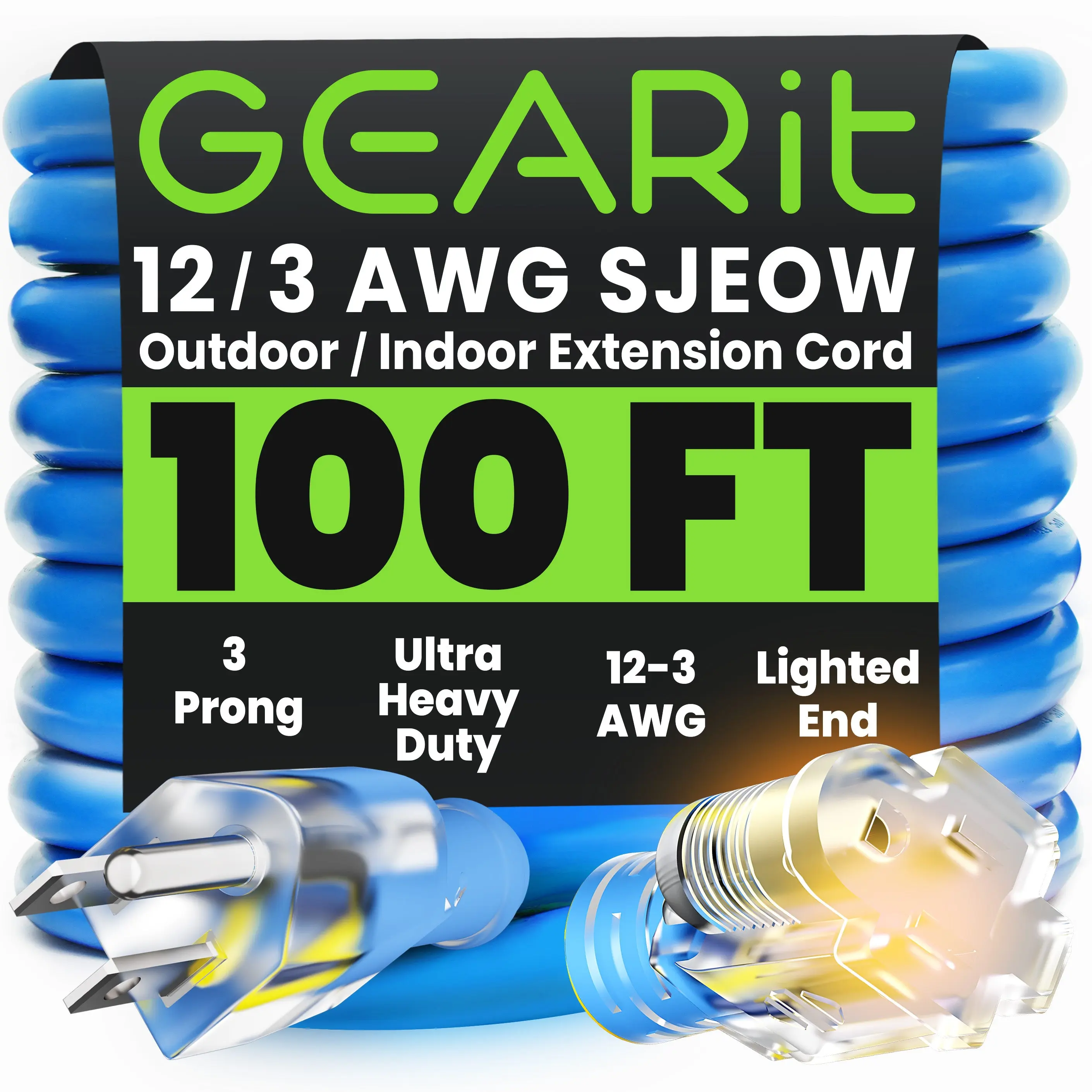 GEARit Heavy-Duty Power Outdoor Extension Cord, 100 ft Blue - 10/3 SJEOW Winter Weather Resistant Cable for Indoor and Outdoor Use extension cord