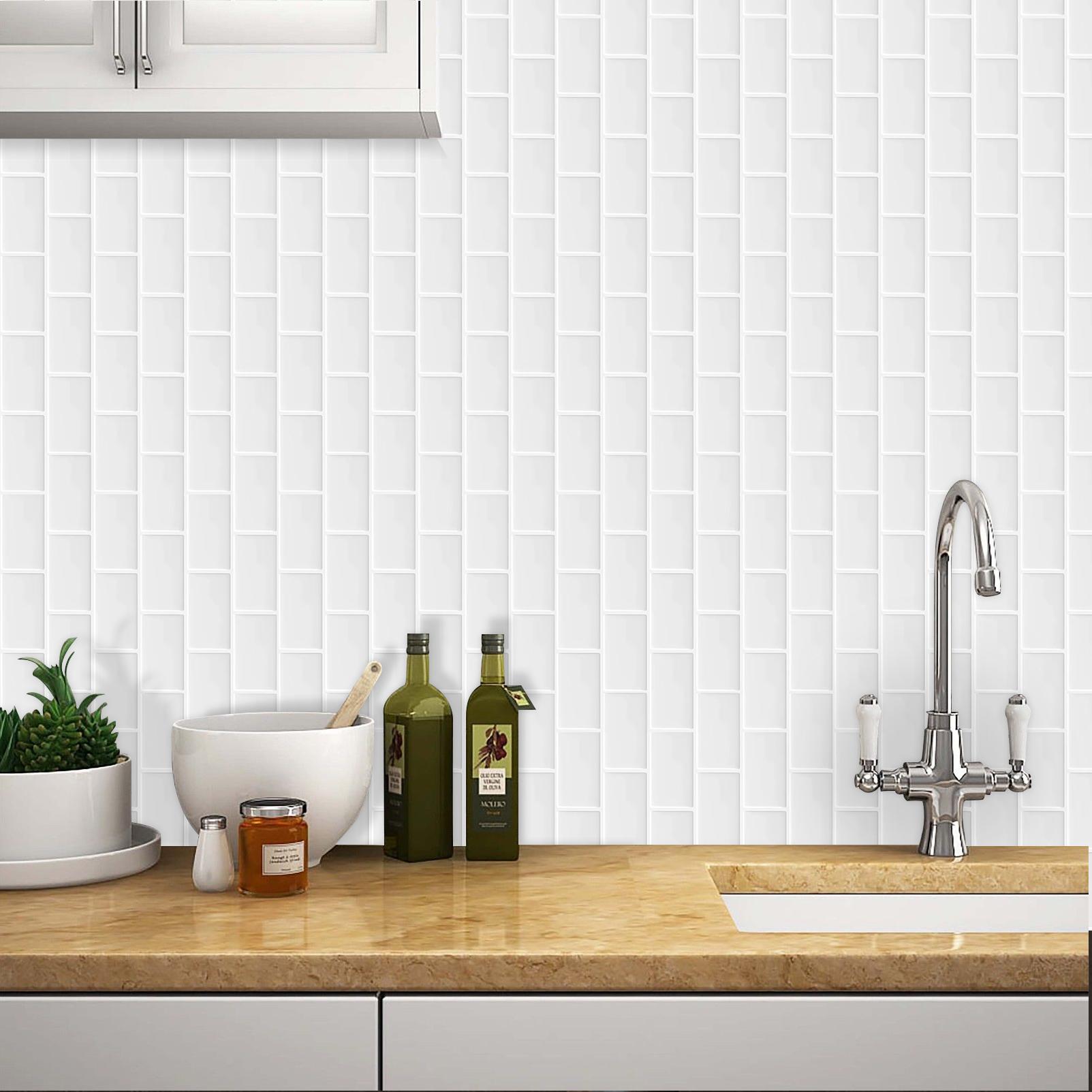 MOONFUN 12×12 in White Subway Style 3D Resin Plaid Peel and Stick Decorative Tile Stickers - Waterproof, Moisture-proof, Scratch-resistant, Durable Self-adhesive Tiles for Kitchen, Bathroom Backsplash Home Decor Walls, Tiles Sticker