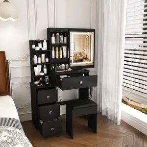 Modern Vanity Desk with 3-Mode LED Mirror & Adjustable Brightness, 4 Drawers & Multiple Open Shelves, Built-in Power Socket & Hair Dryer Holder, Includes Dressing Chair for Bedroom
