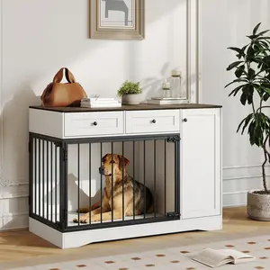Modern Farmhouse Dog Crate Furniture – 47-Inch Wooden Indoor Kennel with Double Doors, 2 Drawers, Storage Cabinet – Versatile End Table, TV Stand for Small to Large Dogs, Decorative Dog House