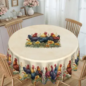1pc Retro Pastoral Rooster and Daisy Print Round Tablecloth for Kitchen and Dining Rooms, 120g/㎡ Twill Polyester Material, Furniture protector, party decoration, desktop decoration, Furnishings, suitable for hotels, restaurants, homes, and other spaces