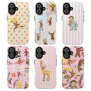 Cute Cartoon Monkey Tough Phone Case, Curious Georgeee, Fun Pink Animal Design Protective Phone Cover for Girls & Kids, Protective Cover, Pink Tone Case