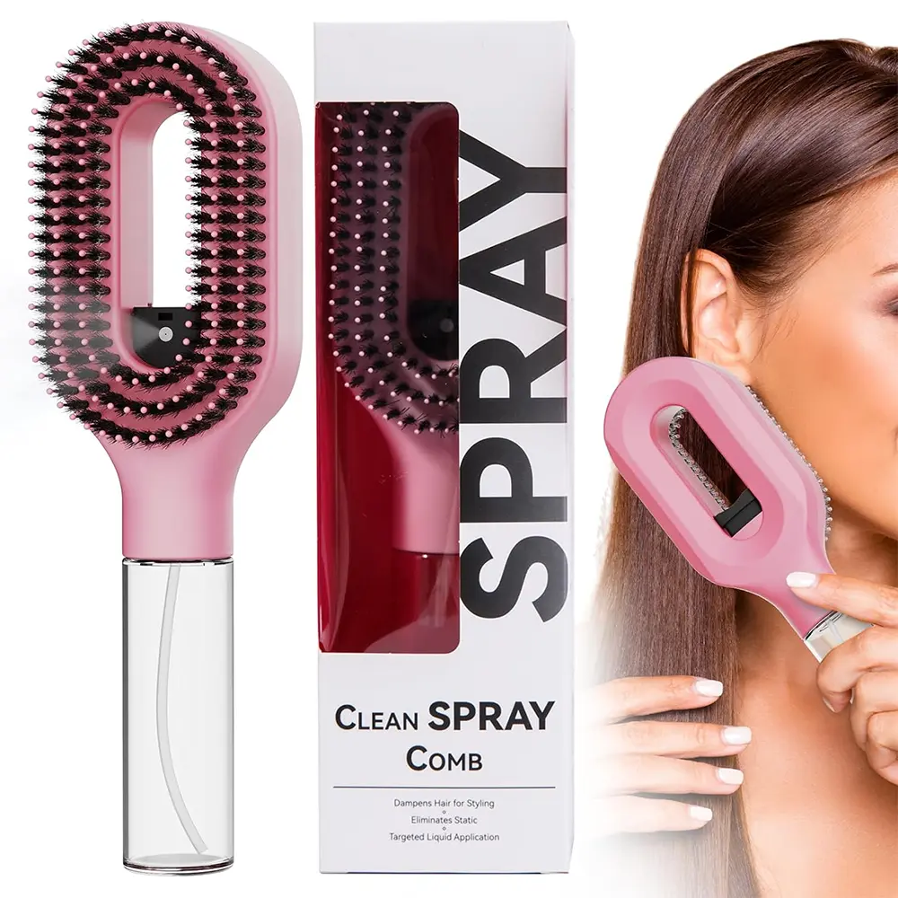 Hair Brush with Water Spray for Women, 2-in-1 Fine Mist Detangling Brush for Wet & Dry Hair, Anti-Frizz Water Spray Brush for Curly, Wavy & Straight Hair, Portable Styling Tool(1, Pink)