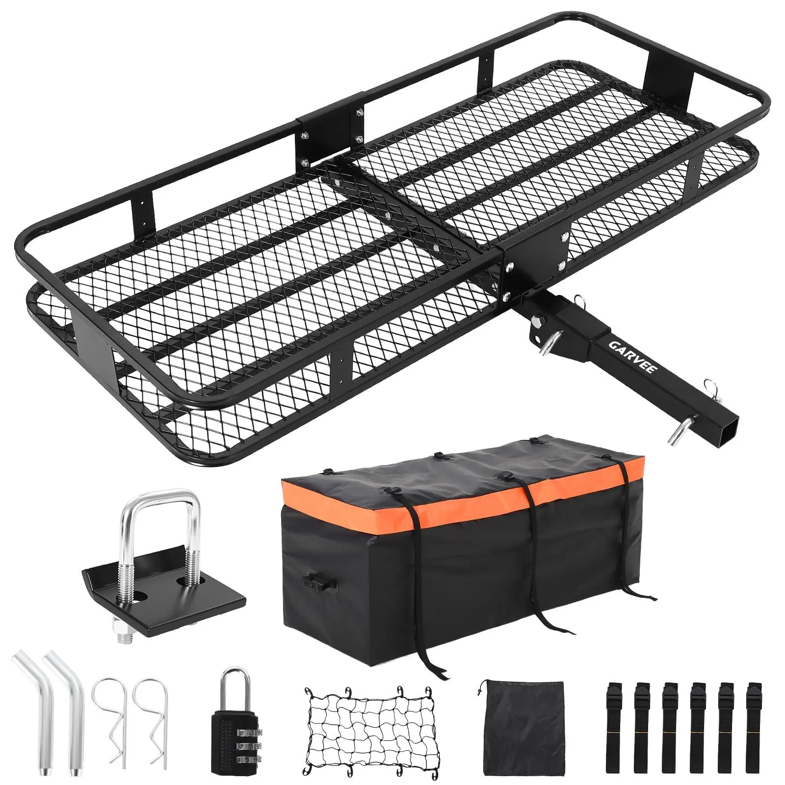 GAOMON Heavy-Duty Folding Hitch Mount Cargo Carrier - 70"x30" Ample Space, 500 lbs Capacity, Ratchet Strap, Waterproof Storage Bag, Integrated Anti-Theft Locking Hitch Pin, Reflective Panels, Quiet Ride, 2" Receiver for SUV Hauling