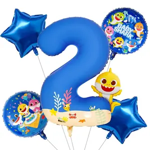 PartyWoo Baby Shark Blue Foil Number 2 Balloon 5pcs 40 18 Inch Blue Round Star Mylar Helium Birthday Balloons for Boys and Girls Baby Shark Under the Sea Ocean Kids Second Birthday Party Decorations