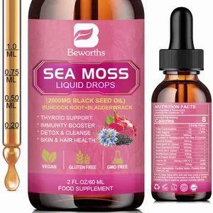 Sea Moss Liquid Drops with Black Seed Oil & Burdock Root - 2oz,  Bladderwrack, Elderberry, Vitamin C, D3Vegan, Gluten-Free, Daily Wellness Supplement