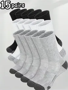 Men's Sports Mid-Calf Socks, Extra Large Thick Breathable Arch Support, 15 Pairs, Suitable for Basketball and Running