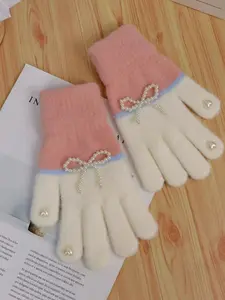 Women's Thermal Knit Winter Gloves, Color Block Pearl Bow Design, Touchscreen Compatible, Fall & Winter Fashion Accessory