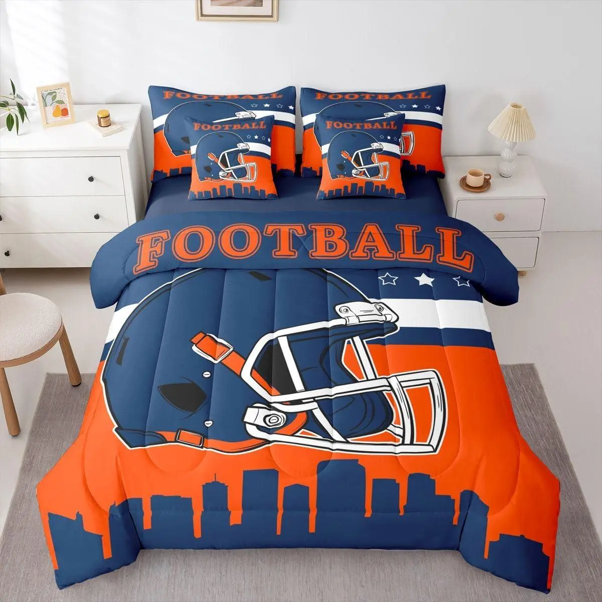 Football Themed 7 Pcs Bedding Set,American Ruby Bed In A Bag With Flat and Fitted Sheet for Sport Fans Gifts,Football City With Pillowcases and Cushion Cases for Kids Men Women,Blue Grey