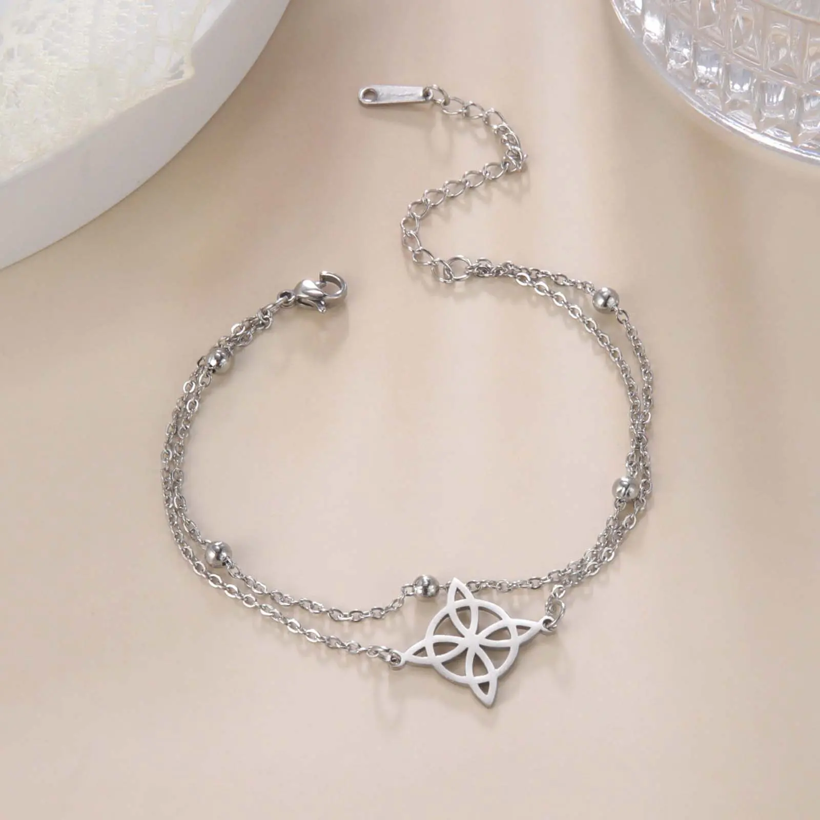 Women's Double Witch Knot Double Layer Boho Style Bracelet, Witchy Jewelry, Stackable Non-Tarnish Stainless Steel Silver Beaded Chain, Non-Fade Daily Wear Artificial Gemstone Stainless Steel Bracelet, Stainless Steel Bracelets