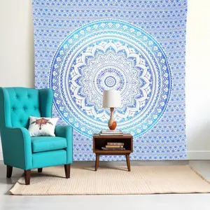 HomeRoots 397400 92 x 84 in. Blue & White Mandala Cotton Hanging Tapestry