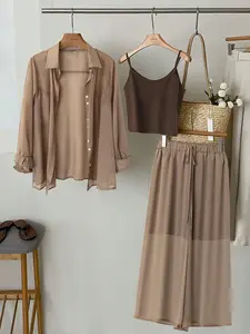 Plus Size Women's Three-Piece Set, Sheer Chiffon Button Shirt + Vest Top + Wide Leg Pants, Casual Loose Summer Beach
