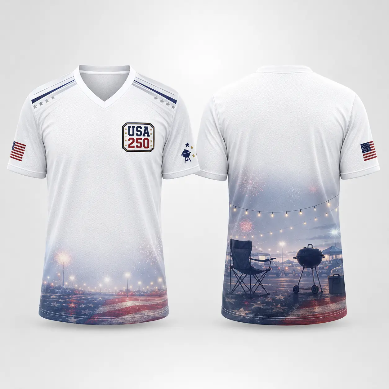 Men's USA 250th Anniversary Soft Sporty Simple V-Neck Graphic Short-Sleeve Menswear Top, American Flag Fireworks Day Casual Shirt for Backyard BBQ, Shortsleeve