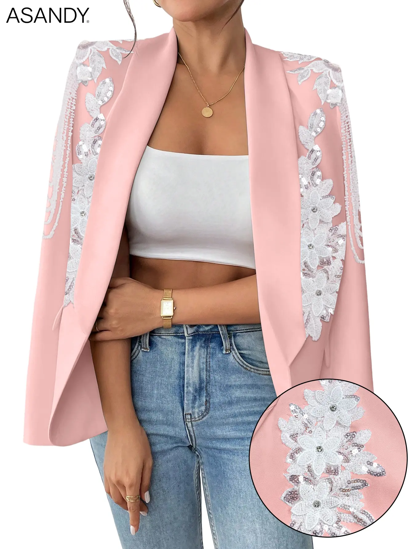 ASANDY Women's Formal Polyester Blazer, Loose Fit Statement Piece Jacket with Sequin Embroidery, Floral Lace Trim and Crystal Accents for Parties, Blazer Style, Suit, Long Sleeve, Elegant, Fashion, Crystal Flowers, Party Wear, Elevates Parties, Proms, And