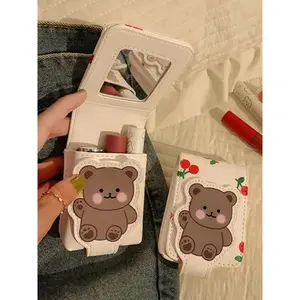 Father's Day Gifts, Cute Cartoon Bear & Cherry Pattern Makeup Bag with Mirror, Back To School, Portable Travel Makeup Bag, Cosmetic Storage Bag, Makeup Organizer Pouch for Women & Girls,