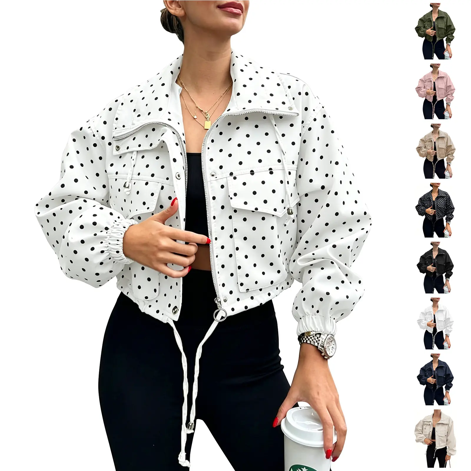 Renaishow Women's Minimalist Long Sleeve Cropped Fabric Jacket - Adjustable Zip-Up, Elastic Drawstring Hem, Lightweight Oversized Utility Anorak with Pockets, Smart Casual Streetwear Top, Baggy, Lady